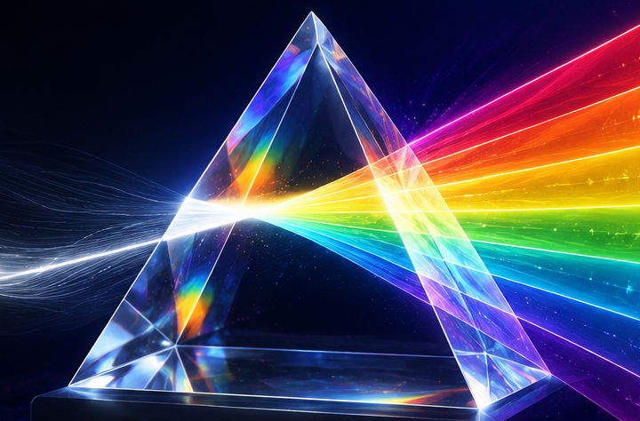 A crystal prism refracting a beam of white light into a full rainbow spectrum, representing PRISM's seven thinking lenses.